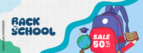 Banner sale back to school with Backpack, book, globe, and toga hat on a checkered background