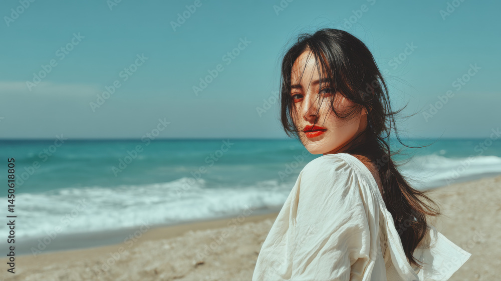 Woman Smiling with Ocean in Background — a detailed and modern 3D-style concept ideal for tech visuals, infographics, marketing materials, and futuristic digital presentations. Woman Smiling with Ocean in Background — a detailed and modern 3D-style concept ideal for tech visuals, infographics, marketing materials, and futuristic digital presentations.
