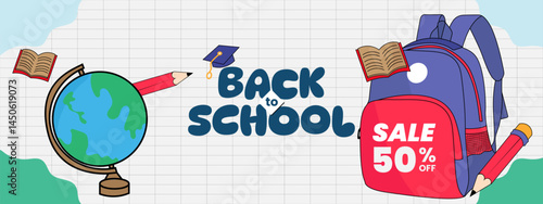 Banner sale back to school with Backpack, book, globe, and toga hat on a checkered background