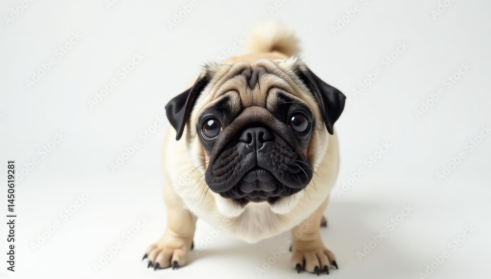 Obraz premium Solo pug, looking directly at camera, pure white backdrop, cute, fur