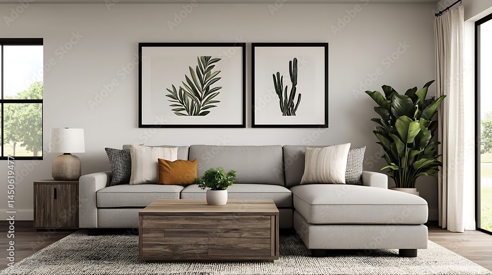 Fototapeta premium Modern Living Room Interior Design with Gray Sofa, Botanical Art Prints, and Natural Elements for Home Decor.