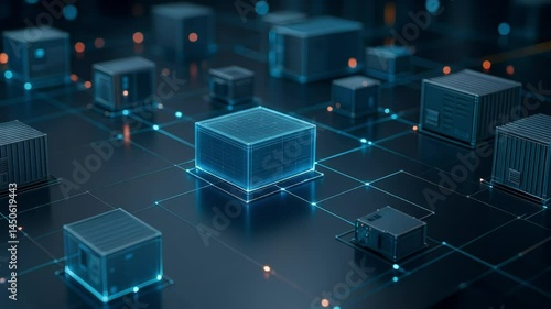 Floating digital shipping containers connected by glowing lines showcase advanced logistics network in futuristic setting