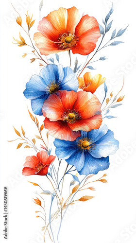 Vibrant floral bouquet of red and blue poppies, accented with golden-toned foliage.  Delicate watercolor-style rendering