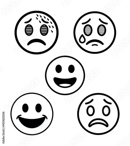 Simple Emoji Faces Black and White Illustrations with Various Emotions in Circular Designs Minimalist Expression Icons of Happy and Sad Faces Basic Line Drawings Monochrome Mood Indicators