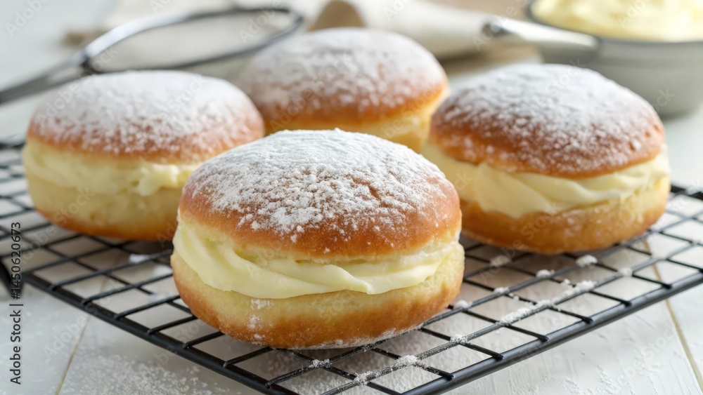 Fresh Cream-Filled Doughnuts with Powdered Sugar Cooling on Wire Rack
Fresh Cream-Filled Doughnuts with Powdered Sugar Cooling on Wire Rack