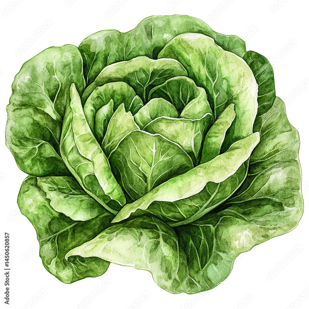 Fototapeta premium Botanical watercolor of lettuce with labeled parts, soft colors, clean background, educational plant illustration.