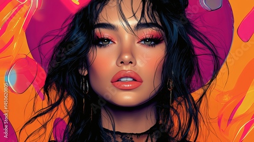 Attractive Woman with Glamorous Makeup Wearing Red Tinted Glasses, Surrounded by Neon Geometric Shapes, looking directly into the camera on a transparent background, PNG image, PNG file.