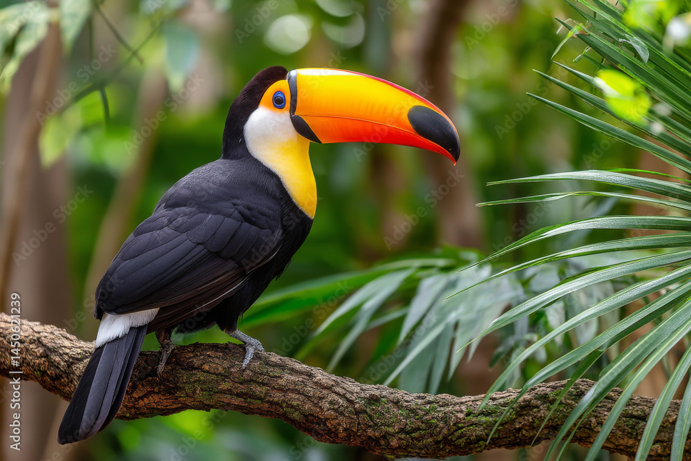 Naklejka premium Toucan with vibrant beak perched on tree branch in lush tropical rainforest setting