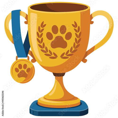 Gold pet competition medal with paw isolated vector illustration on white background