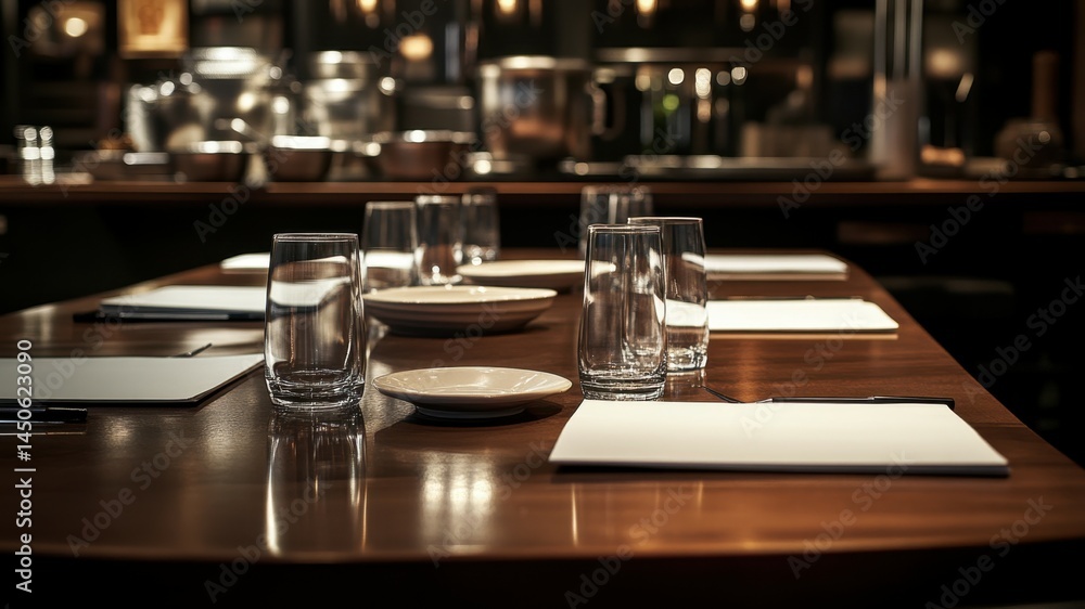 Obraz premium Restaurant table setting with plates and glasses