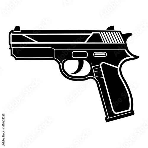 Black and white pistol handgun firearm vector illustration for graphic design and security related projects isolated on transparent background