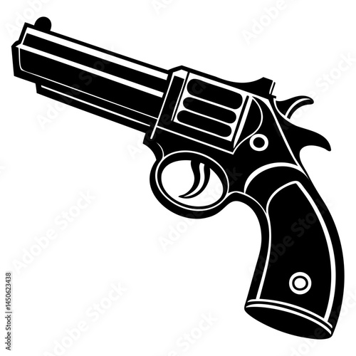 Black and white vector illustration of a classic revolver handgun firearm for design and graphics use isolated on transparent background