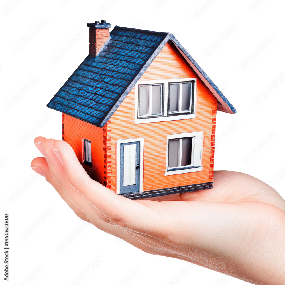 Small detailed model house held in human hand with modern design and blue roof, illustrating real estate, housing, or property concept in a creative way Small detailed model house held in human hand with modern design and blue roof, illustrating real estate, housing, or property concept in a creative way