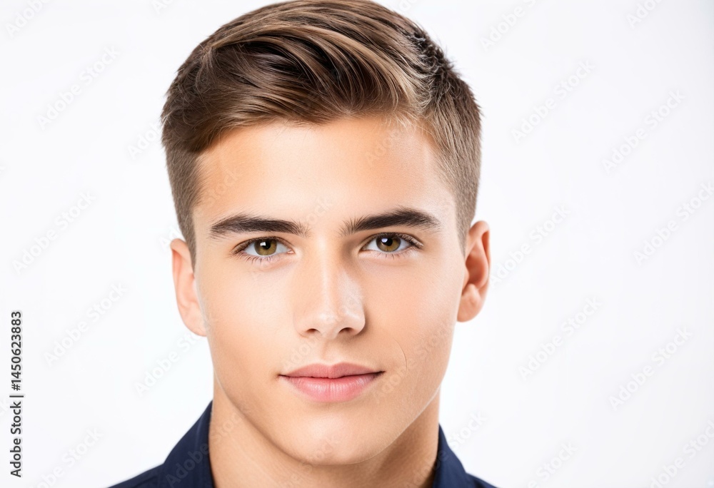 A young man with a blue shirt looking at the camera. A young man with a blue shirt looking at the camera.