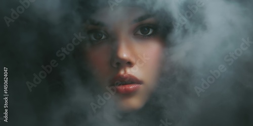 Ethereal figure emerging from thick fog in surreal closeup