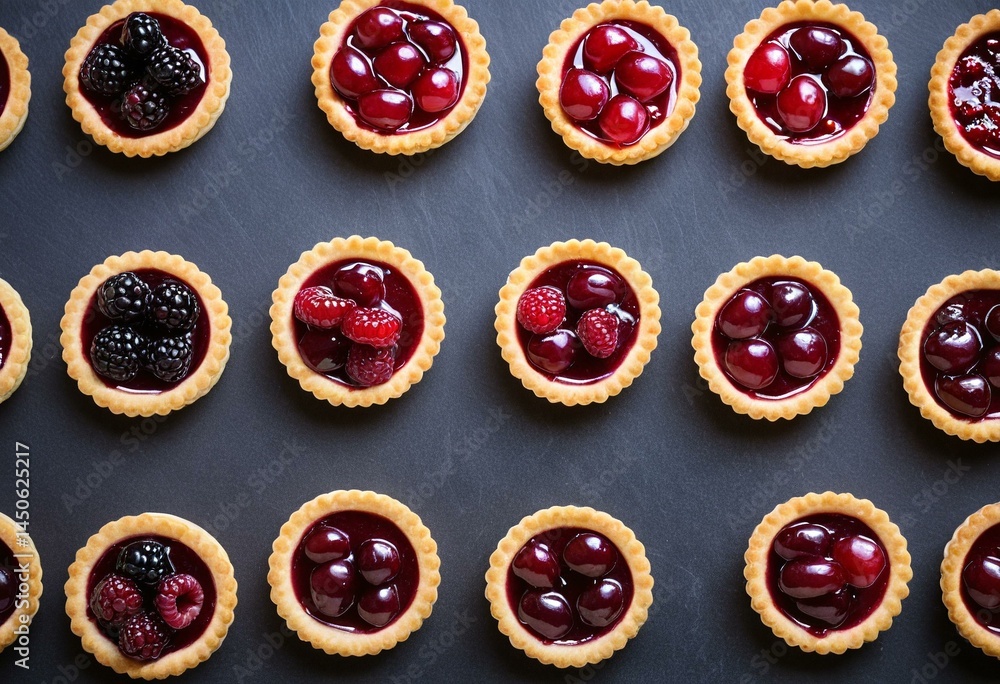 A table topped with mini tarts filled with jam. A table topped with mini tarts filled with jam.