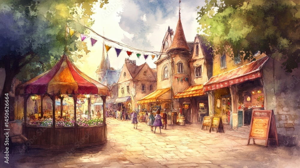 Naklejka premium A picturesque marketplace scene, painted with soft, warm colors.