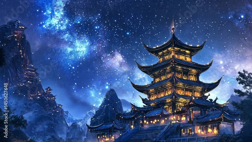 Wallpaper Mural Mystical pagoda under starlit sky with glowing galaxies Torontodigital.ca