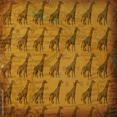 Photography Seamless vintage giraffe illustration pattern with hand-drawn animals on aged paper texture