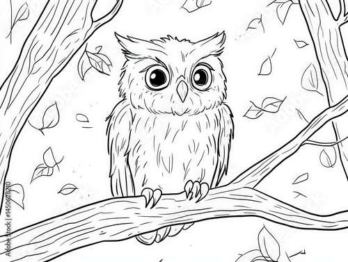 A friendly owl sitting on a branch , coloring page for kids