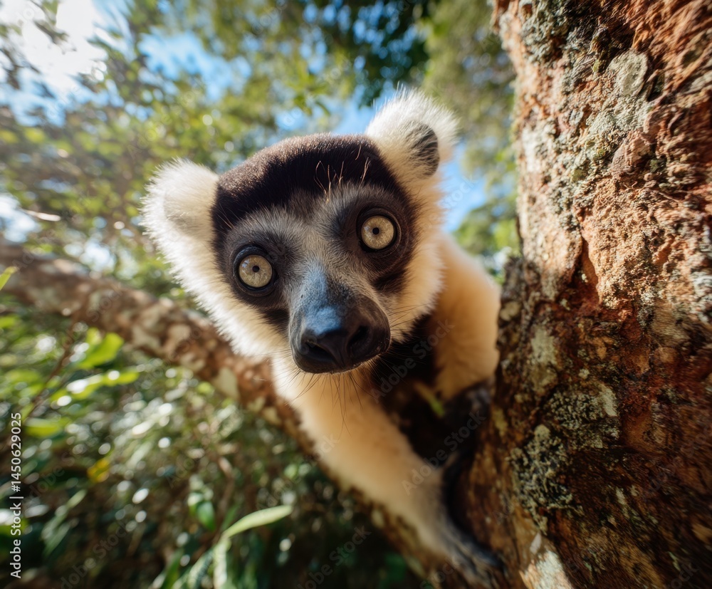 Obraz premium Babakoto, indri, monkey, wide angle lens with habitat in forest