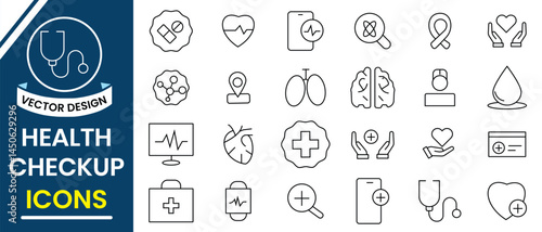 Health checkup line icon set. Medical care line icon, hospital, outline, heart, checkup, stethoscope, healthy, lungs, medicine icon vector illustration.