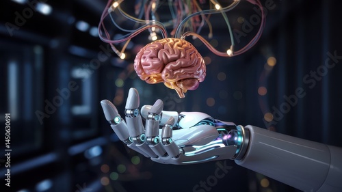 White robot hand holding brain with glowing cables in digital world