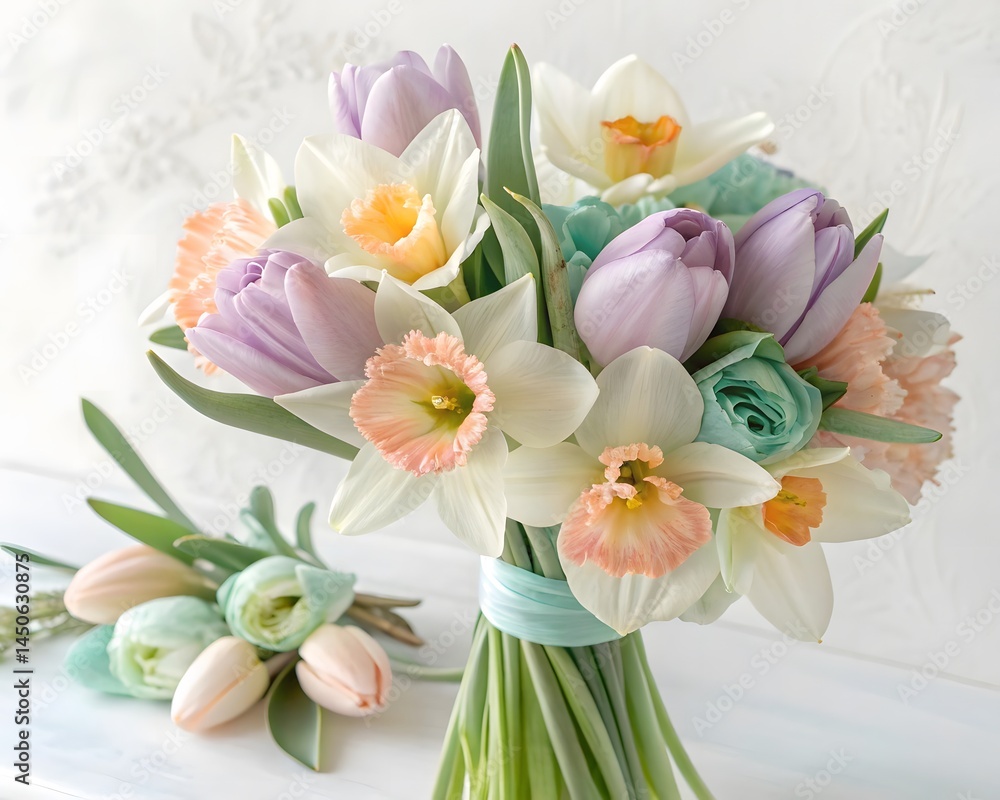 A spring bouquet of pastel tulips and daffodils in mint green, lavender, and peach tones, soft focus on white background A spring bouquet of pastel tulips and daffodils in mint green, lavender, and peach tones, soft focus on white background