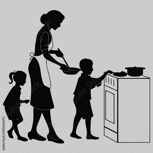 mom cooking while kids help silhouette vector design art and illustration