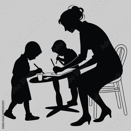mom drawing with children at a table silhouette vector design art and illustration