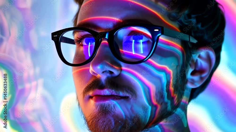 Close-up portrait, vibrant light patterns on face Close-up portrait, vibrant light patterns on face