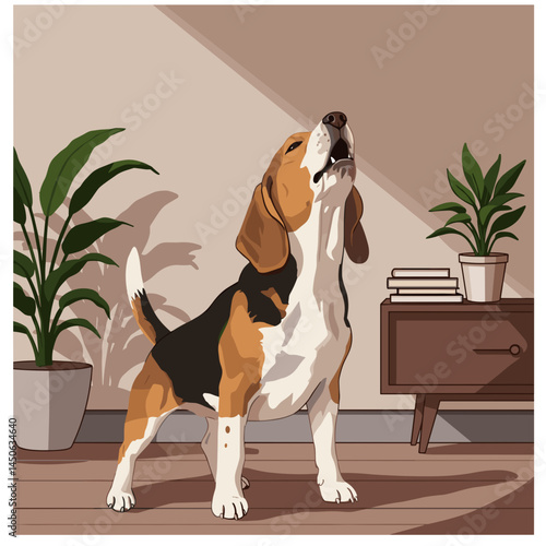 Beagle howling in a cozy home environment with plants  