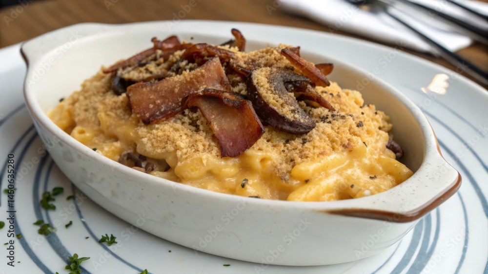 Creamy Macaroni and Cheese Topped with Bacon and Crispy Breadcrumbs
Creamy Macaroni and Cheese Topped with Bacon and Crispy Breadcrumbs