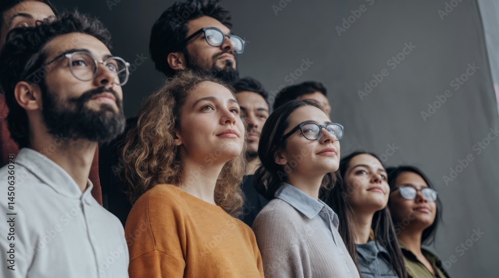 Obraz premium Group of Diverse People Looking Upward with Hope and Inspiration