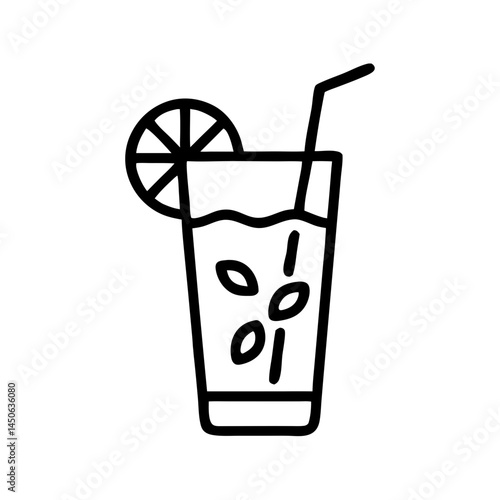 Mojito cocktail in a tall glass with lime slice and straw  