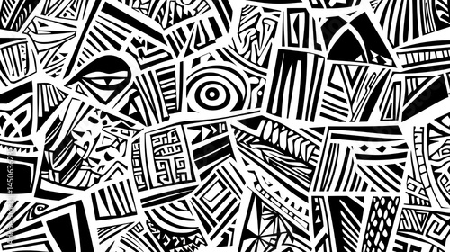 Abstract black and white pattern with geometric shapes and lines creating a complex, intricate design. The image features various textures and contrasting elements