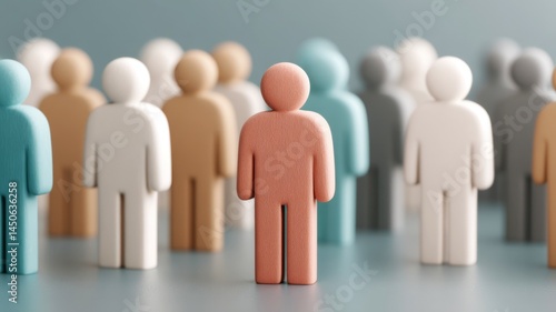 Wallpaper Mural Outliers Differences concept. Wooden human figures in various colors stand together, with one figure in the foreground symbolizing individuality and leadership. Torontodigital.ca