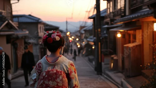 Back view of woman in traditional kimono with floral headdress walking along street at dusk in Asia. Tourism and culture concept.