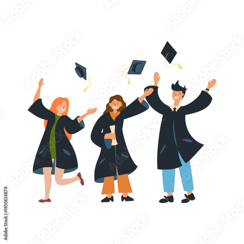 Happy Graduates Celebrating Their Graduation A joyful illustration of three students in graduation gowns, celebrating their graduation with caps in the air.