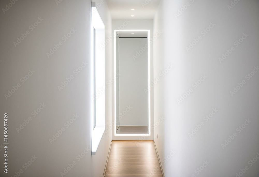 A long hallway with white walls and carpeted floor. A long hallway with white walls and carpeted floor.