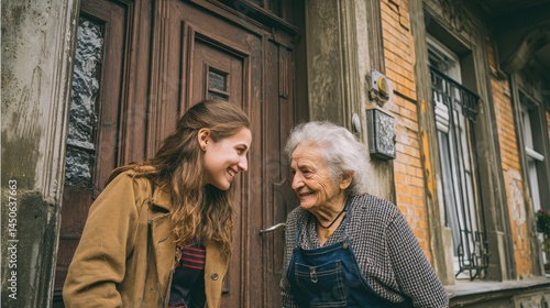 Two women interacting cordially outside a historical structure.