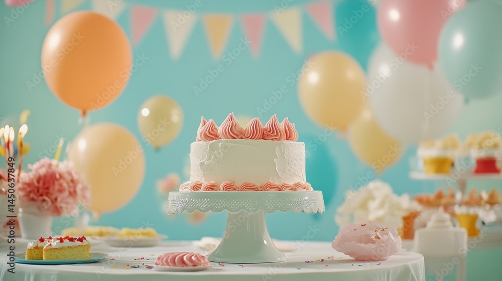 Festive cake with pink frosting and balloons Festive cake with pink frosting and balloons