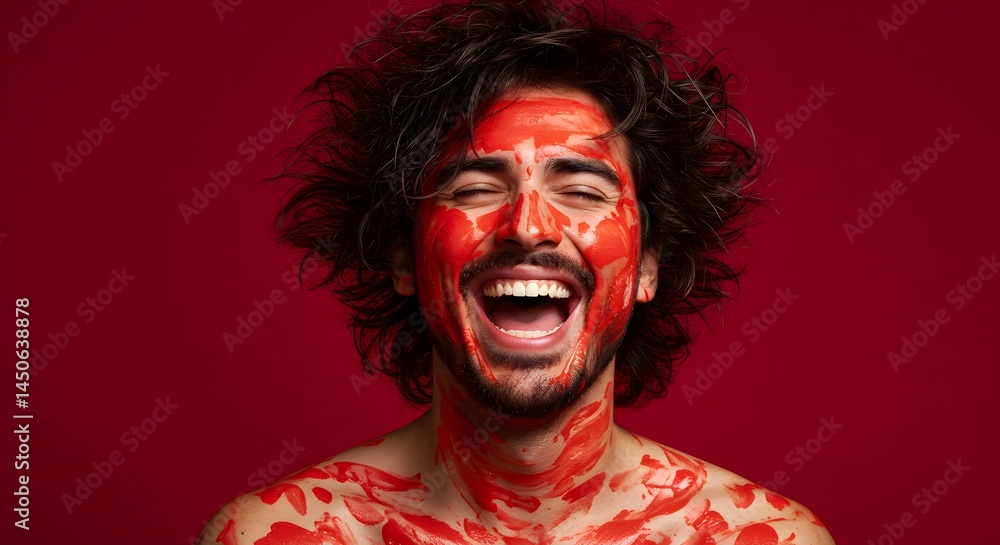 Man with Red Paint Laughing on Red Background Man with Red Paint Laughing on Red Background