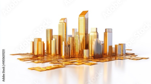 Fototapeta Naklejka Na Ścianę i Meble -  Golden city skyscrapers on white background
