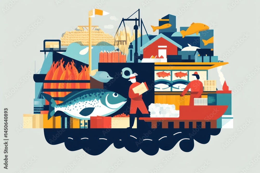 Obraz premium Busy fish market scene with fishermen, fish, crates, and boats.