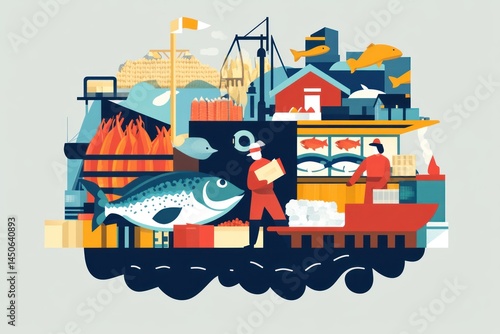 Wallpaper Mural Busy fish market scene with fishermen, fish, crates, and boats. Torontodigital.ca