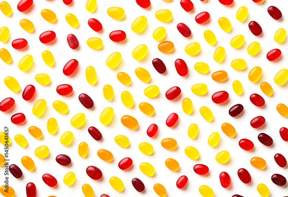 A bunch of red and yellow jelly beans on a white surface. A bunch of red and yellow jelly beans on a white surface.