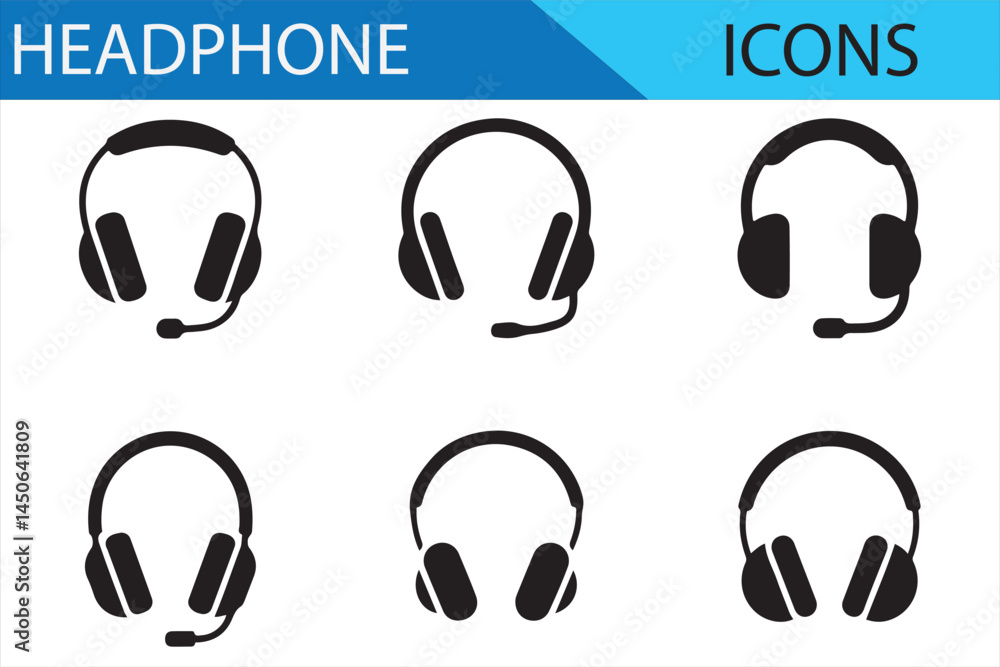 Set of black silhouette headphone icons in different styles for digital design Set of black silhouette headphone icons in different styles for digital design