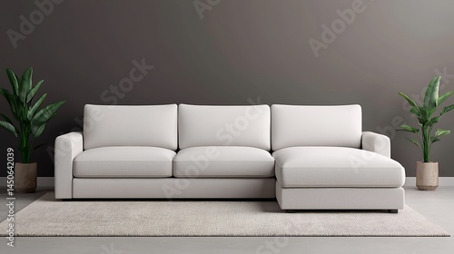 Serene Living Room Interior: Minimalist White Sofa with Indoor Plants and Textured Rug Against a Dark Wall.
