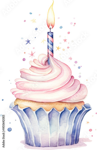 Tasty child birthday party cupcake illustration as watercolor decoration